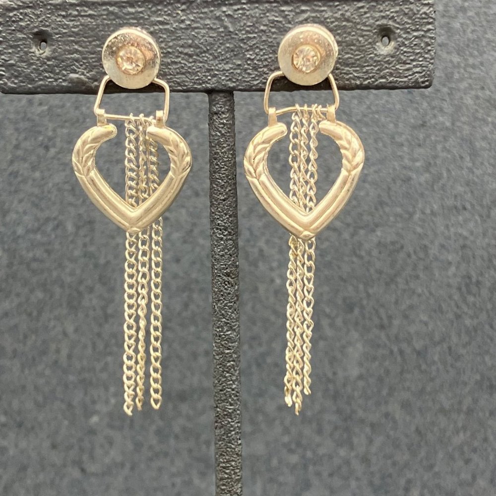Jordache Dangle Pierced Earrings Heart Silver Chain Removable Stud Rhinestone